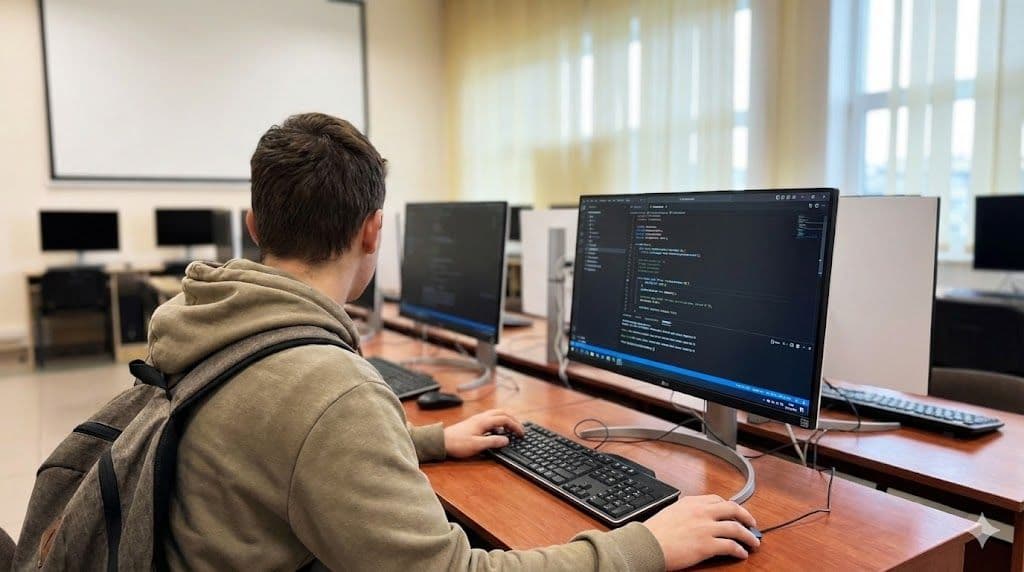 Student uczy się przy komputerze