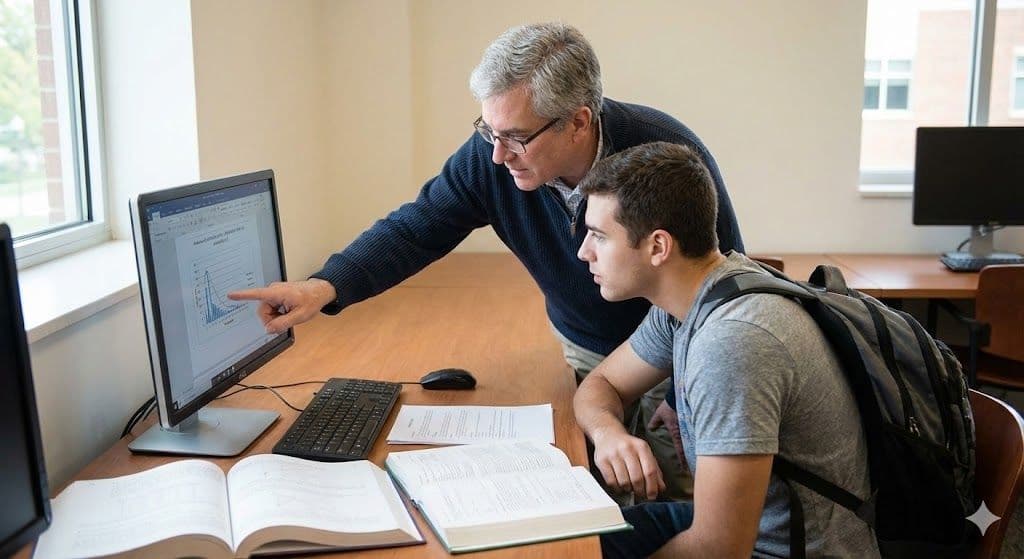 Wykładowca uczy studenta przy komputerze