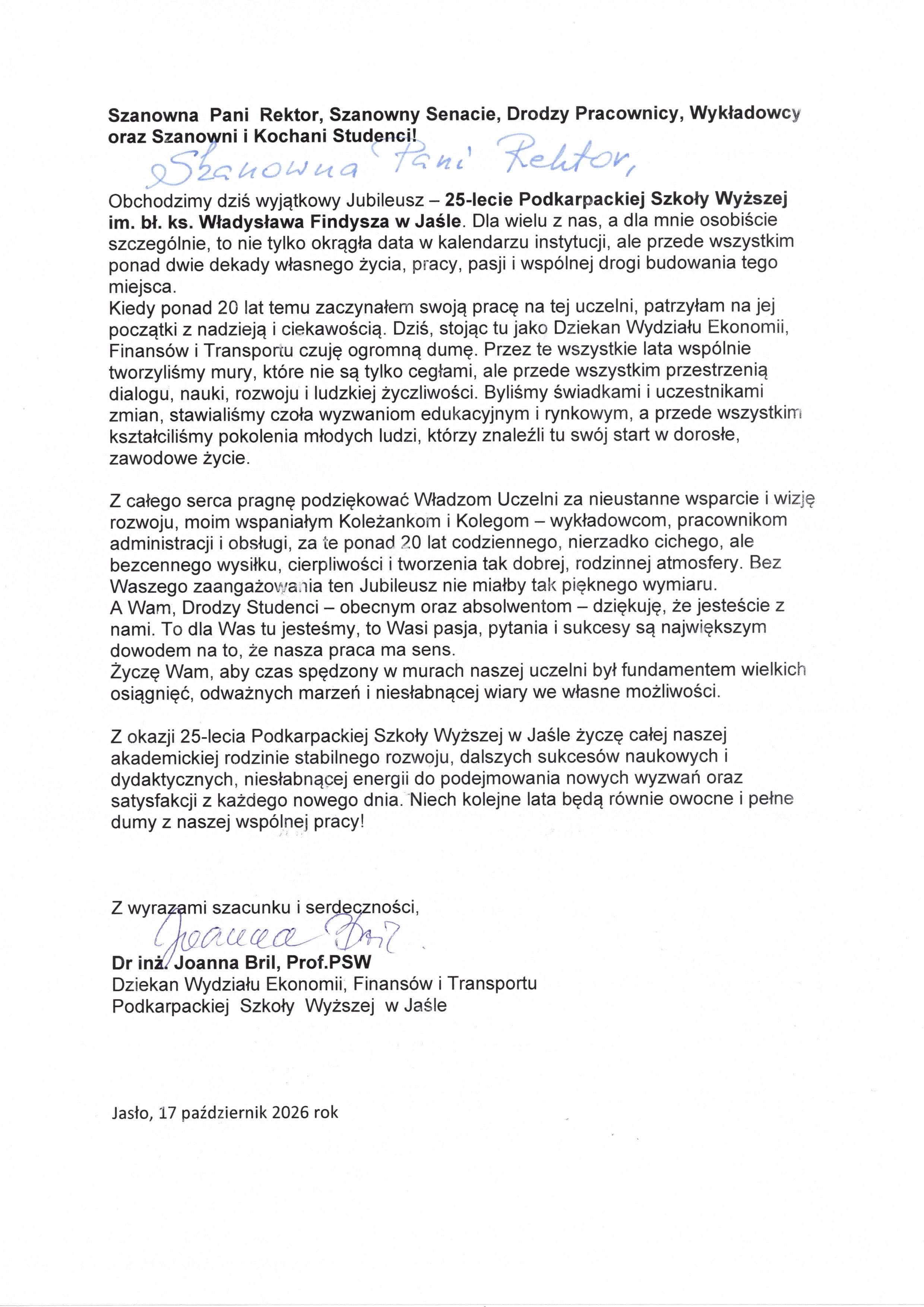 Zdjęcie galerii do artykułu Pisma gratulacyjne z okazji Jubileuszu 25-lecia i Inauguracji Roku Akademickiego 2026/2027