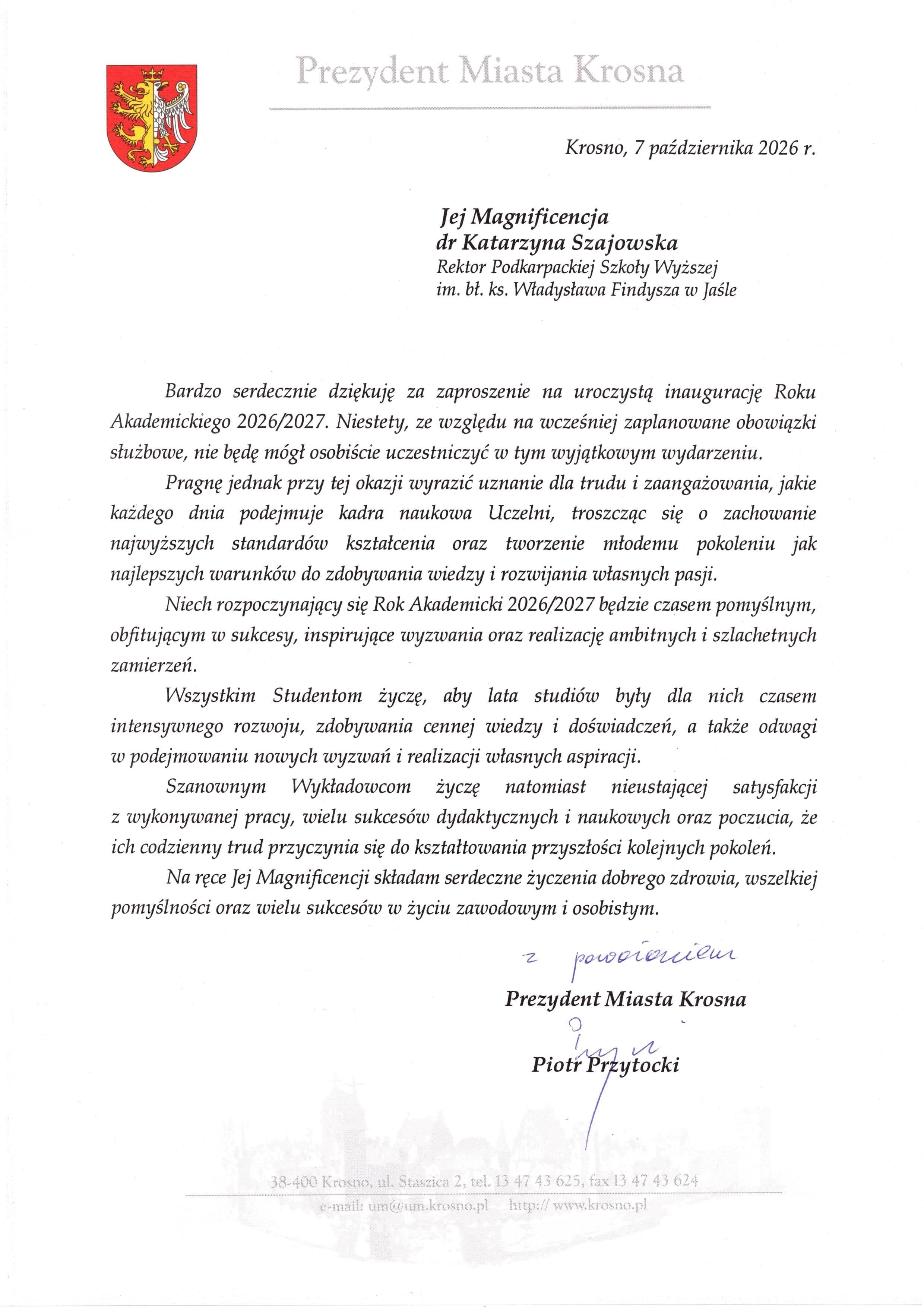 Zdjęcie galerii do artykułu Pisma gratulacyjne z okazji Jubileuszu 25-lecia i Inauguracji Roku Akademickiego 2026/2027