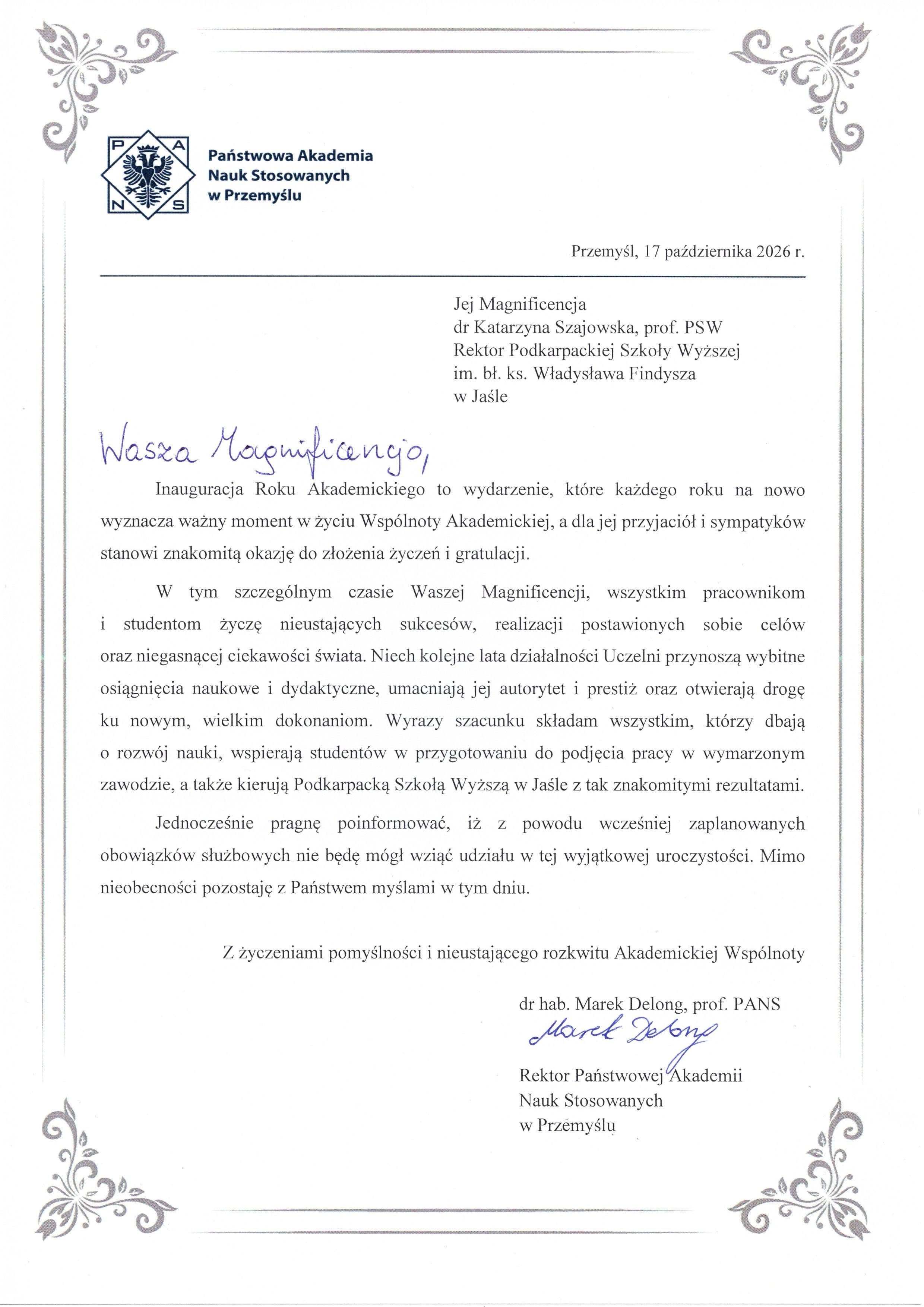 Zdjęcie galerii do artykułu Pisma gratulacyjne z okazji Jubileuszu 25-lecia i Inauguracji Roku Akademickiego 2026/2027